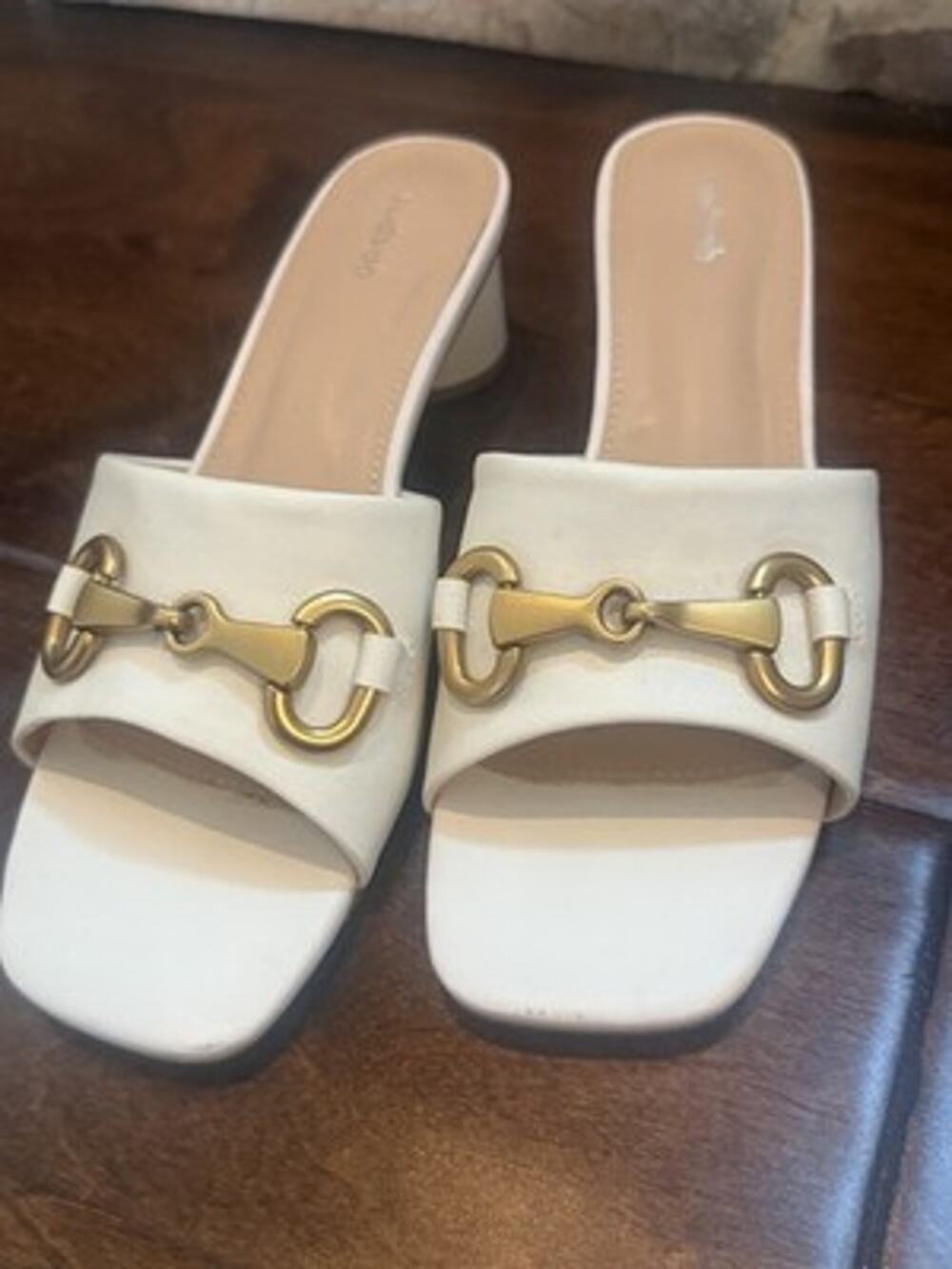 Women's White Gold Horsebit Block Heel Mule Sandals Size 7 US / 38 EU Summer